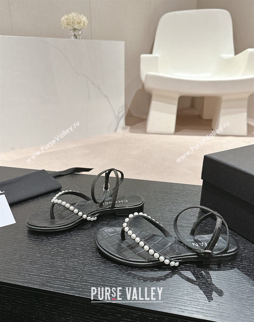 Chanel Lambskin Flat Thong Sandals with Pearls Black 2024 0424 (MD-240424082)