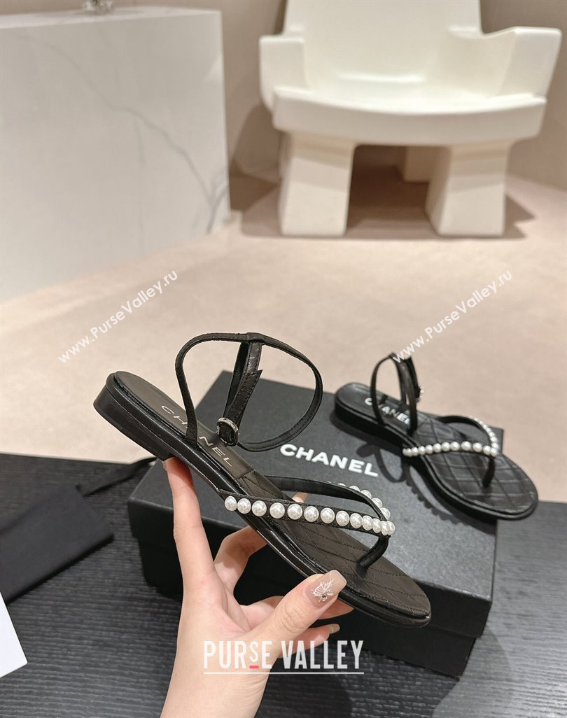 Chanel Lambskin Flat Thong Sandals with Pearls Black 2024 0424 (MD-240424082)