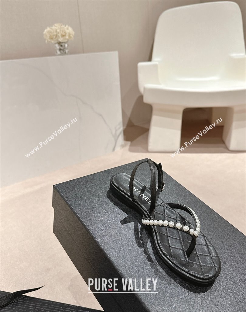Chanel Lambskin Flat Thong Sandals with Pearls Black 2024 0424 (MD-240424082)