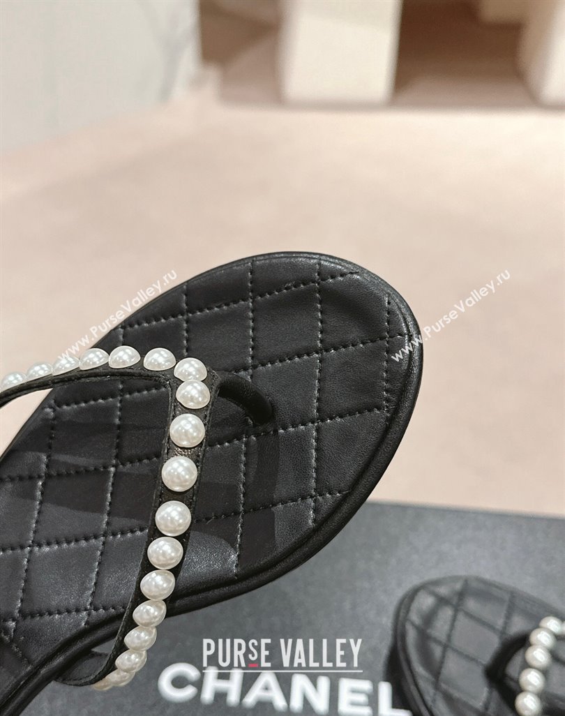Chanel Lambskin Flat Thong Sandals with Pearls Black 2024 0424 (MD-240424082)