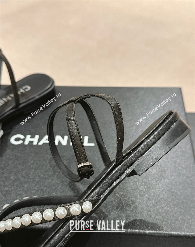 Chanel Lambskin Flat Thong Sandals with Pearls Black 2024 0424 (MD-240424082)