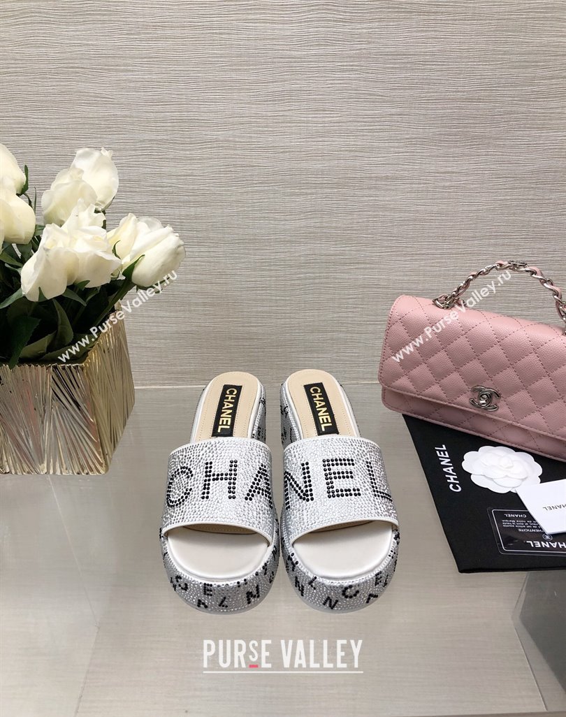 Chanel Crystals Allover Wedge Slide Sandals with Letters Silver 2024 042302 (MD-240423016)