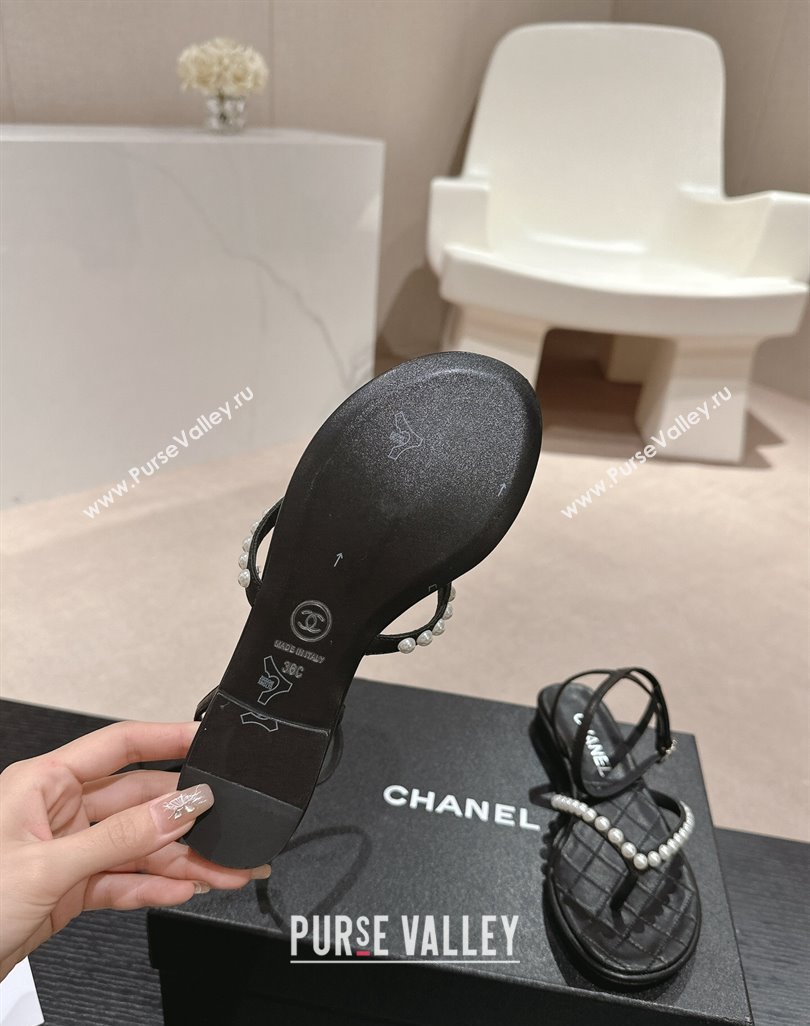 Chanel Lambskin Flat Thong Sandals with Pearls Black 2024 0424 (MD-240424082)