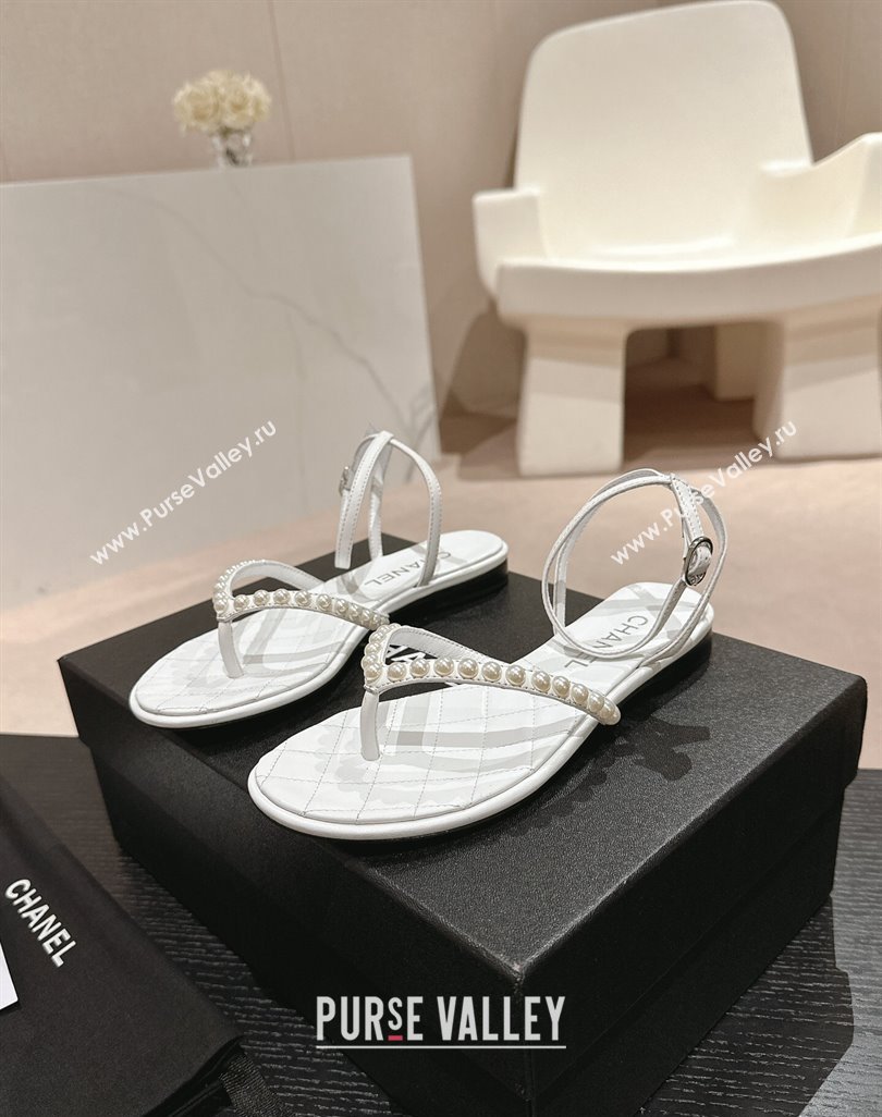 Chanel Lambskin Flat Thong Sandals with Pearls White 2024 0424 (MD-240424083)