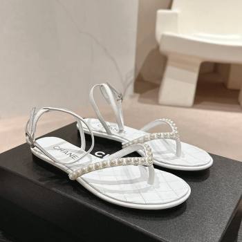 Chanel Lambskin Flat Thong Sandals with Pearls White 2024 0424 (MD-240424083)