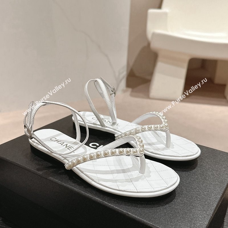 Chanel Lambskin Flat Thong Sandals with Pearls White 2024 0424 (MD-240424083)