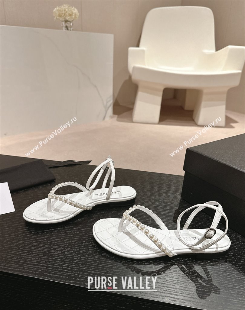 Chanel Lambskin Flat Thong Sandals with Pearls White 2024 0424 (MD-240424083)