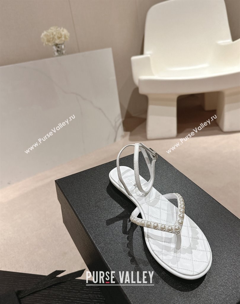 Chanel Lambskin Flat Thong Sandals with Pearls White 2024 0424 (MD-240424083)