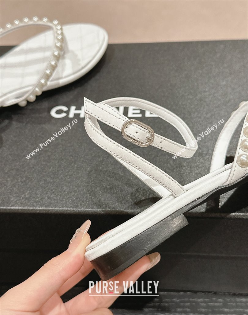 Chanel Lambskin Flat Thong Sandals with Pearls White 2024 0424 (MD-240424083)