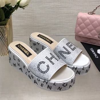 Chanel Crystals Allover Wedge Slide Sandals with Letters Silver 2024 042302 (MD-240423016)