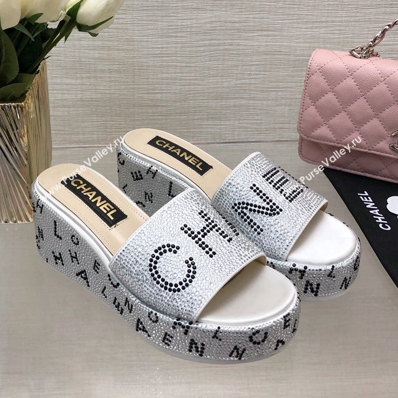 Chanel Crystals Allover Wedge Slide Sandals with Letters Silver 2024 042302 (MD-240423016)