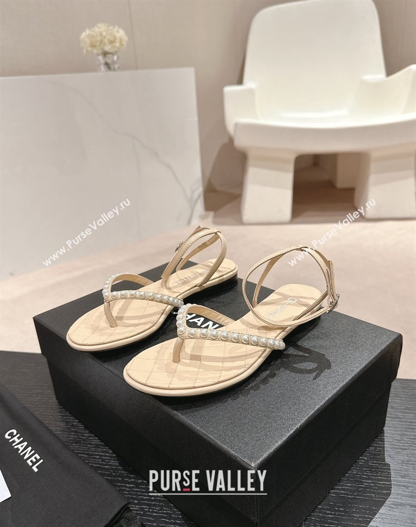 Chanel Lambskin Flat Thong Sandals with Pearls Beige 2024 0424 (MD-240424084)