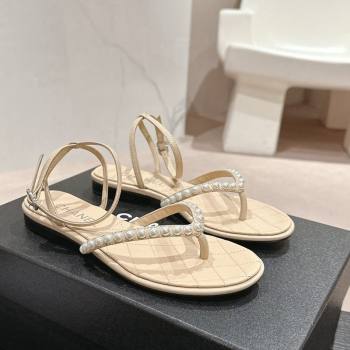 Chanel Lambskin Flat Thong Sandals with Pearls Beige 2024 0424 (MD-240424084)