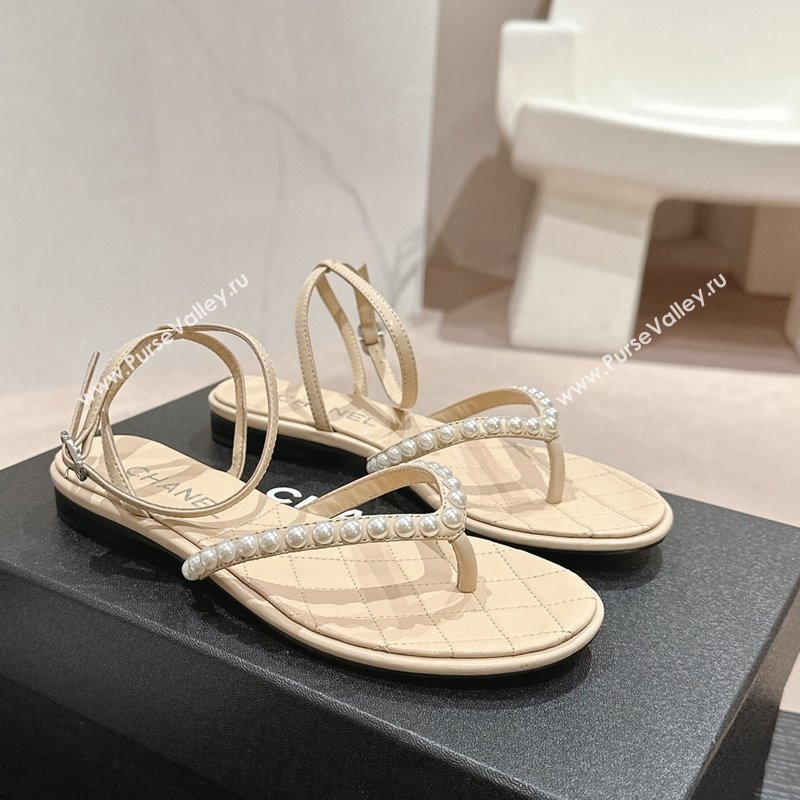 Chanel Lambskin Flat Thong Sandals with Pearls Beige 2024 0424 (MD-240424084)