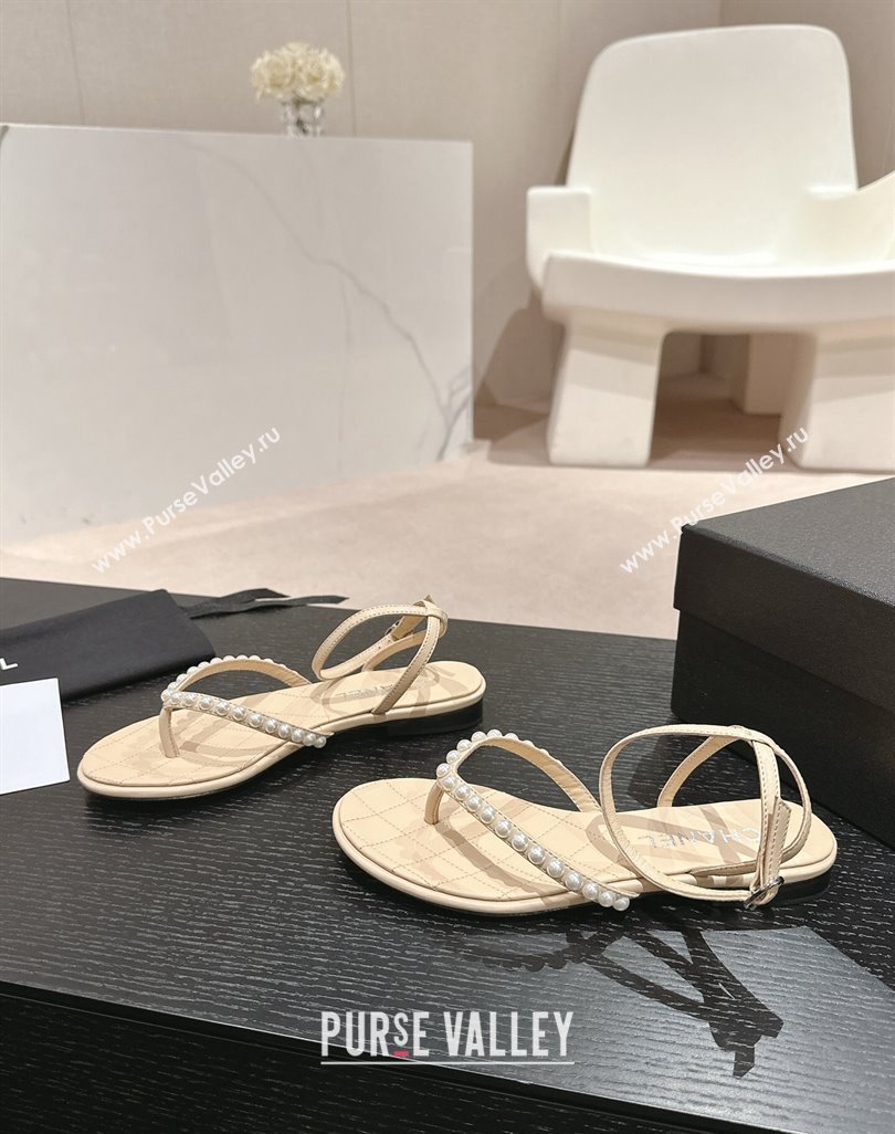 Chanel Lambskin Flat Thong Sandals with Pearls Beige 2024 0424 (MD-240424084)