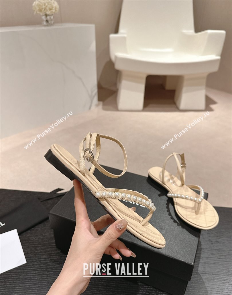 Chanel Lambskin Flat Thong Sandals with Pearls Beige 2024 0424 (MD-240424084)