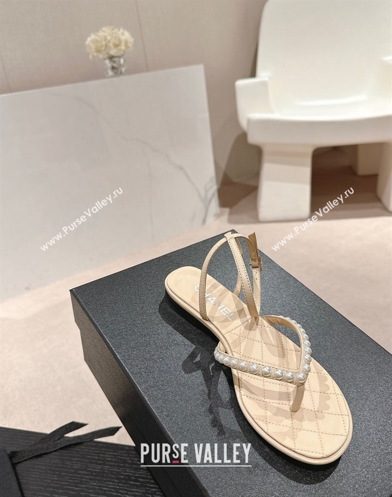 Chanel Lambskin Flat Thong Sandals with Pearls Beige 2024 0424 (MD-240424084)