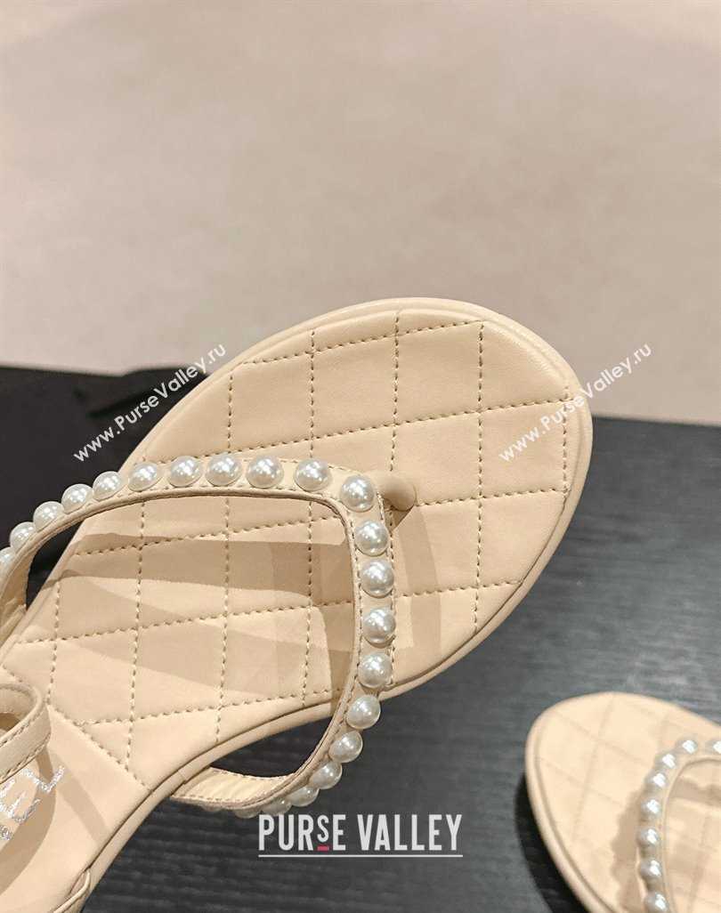 Chanel Lambskin Flat Thong Sandals with Pearls Beige 2024 0424 (MD-240424084)