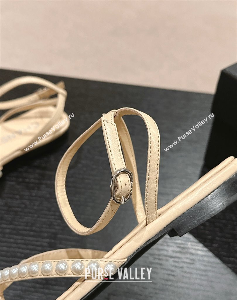 Chanel Lambskin Flat Thong Sandals with Pearls Beige 2024 0424 (MD-240424084)