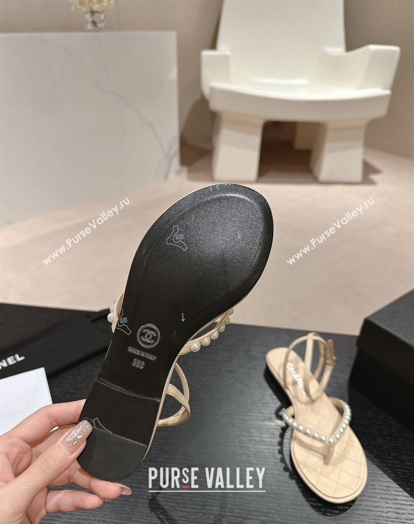 Chanel Lambskin Flat Thong Sandals with Pearls Beige 2024 0424 (MD-240424084)