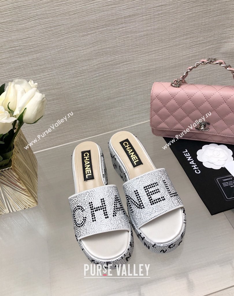 Chanel Crystals Allover Wedge Slide Sandals with Letters Silver 2024 042302 (MD-240423016)