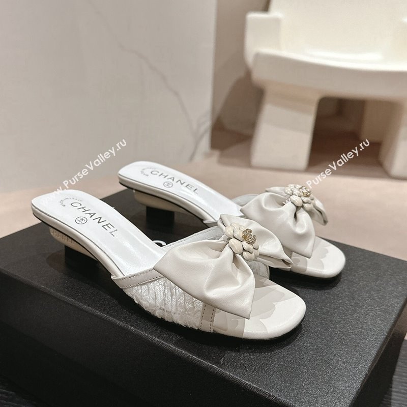 Chanel Lambskin Lace Heel Slide Sandals with Bow White 2024 0424 (MD-240424086)