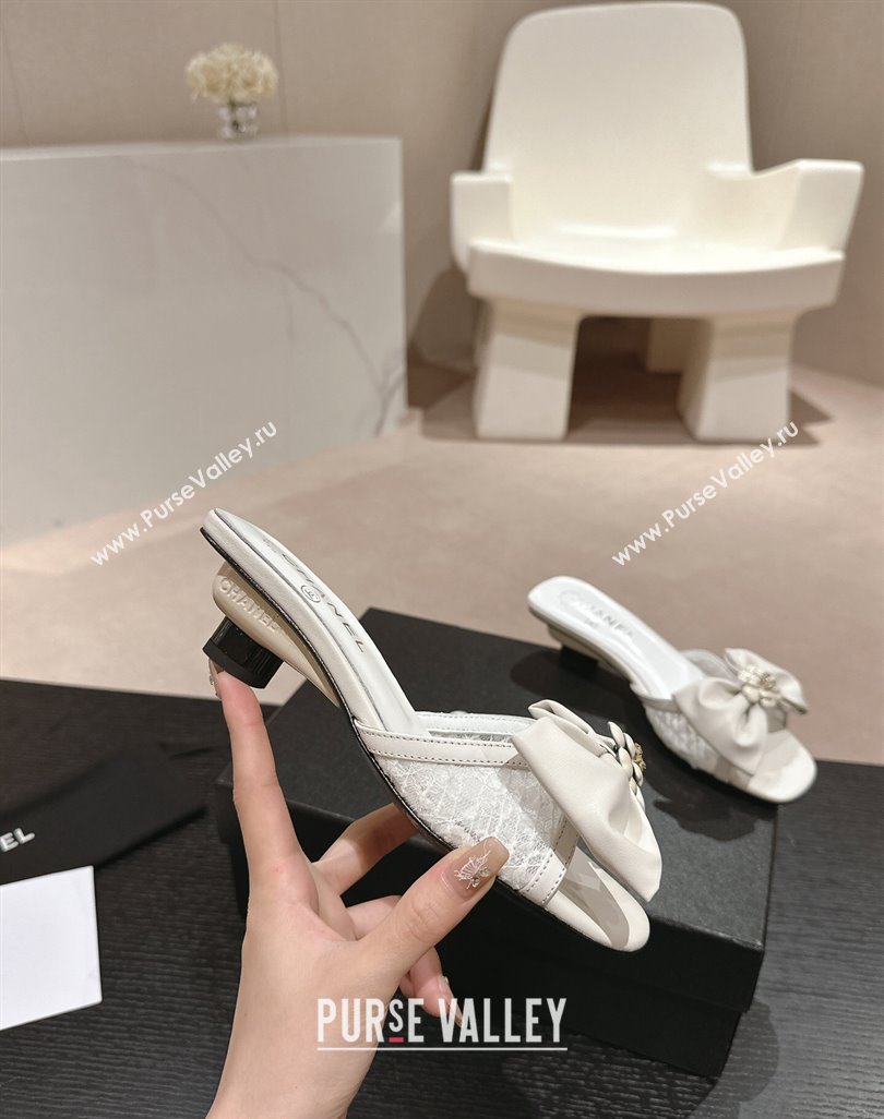 Chanel Lambskin Lace Heel Slide Sandals with Bow White 2024 0424 (MD-240424086)