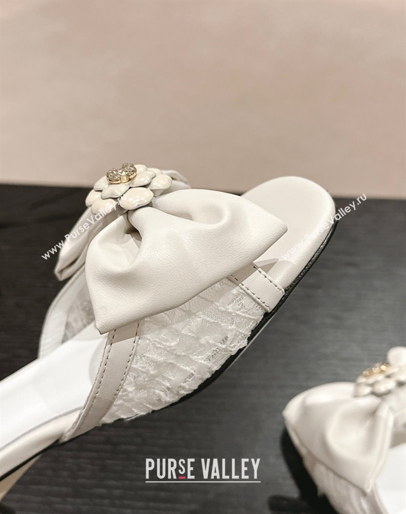 Chanel Lambskin Lace Heel Slide Sandals with Bow White 2024 0424 (MD-240424086)
