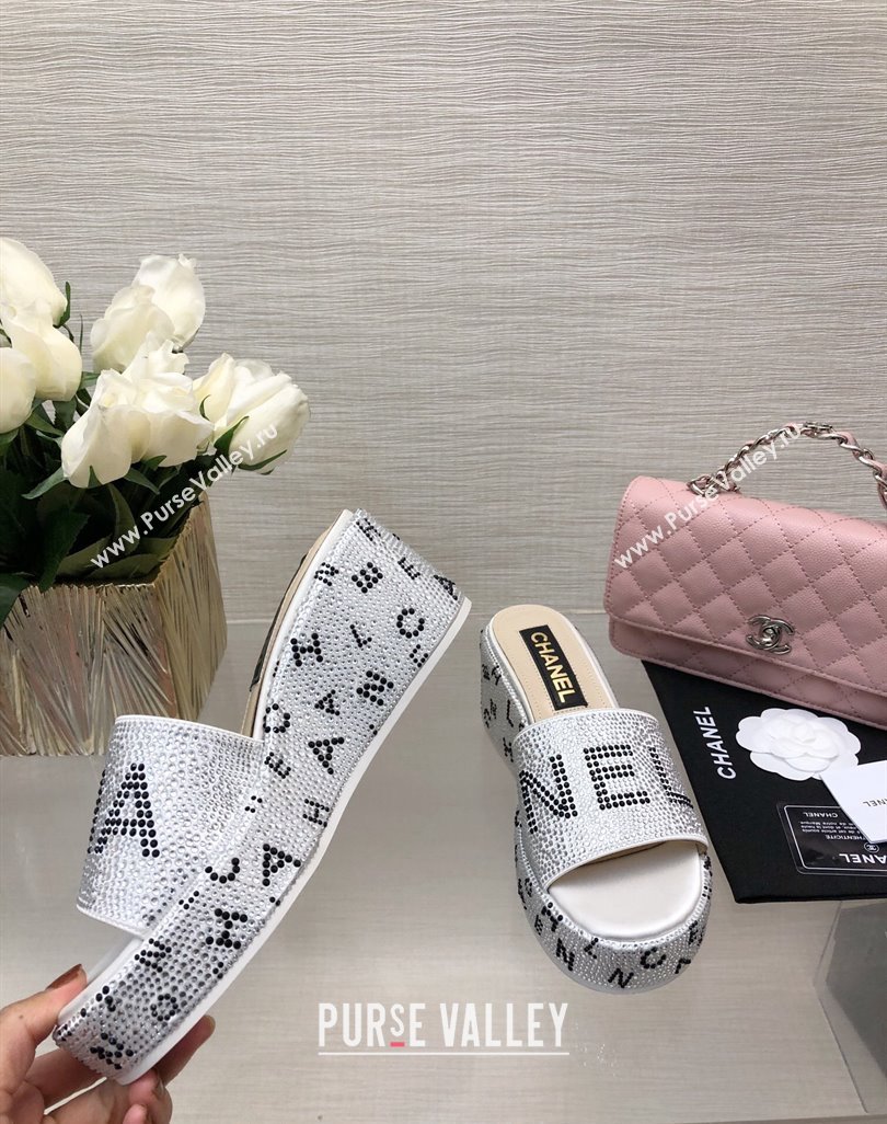 Chanel Crystals Allover Wedge Slide Sandals with Letters Silver 2024 042302 (MD-240423016)