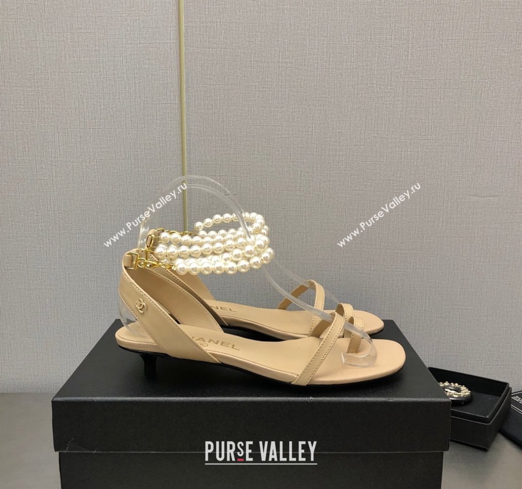 Chanel Lambskin Heel Sandals with Pearls Ankle Strap Beige 2024 0423 (MD-240423002)