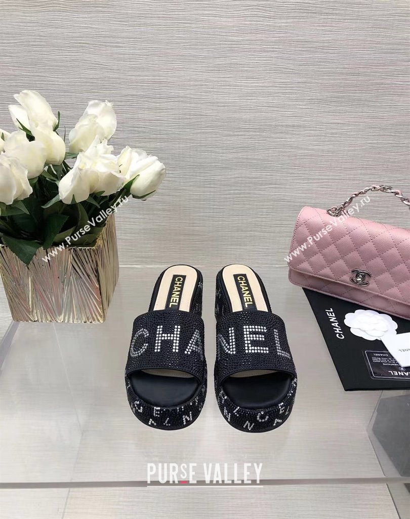 Chanel Crystals Allover Wedge Slide Sandals with Letters Black 2024 042302 (MD-240423017)