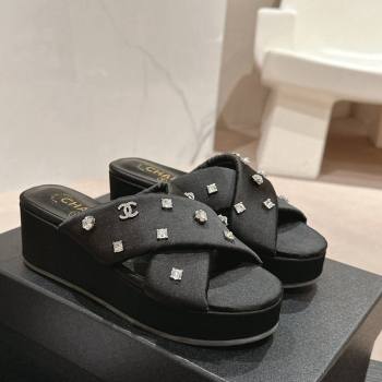 Chanel Fabric Wedge Slide Sandals 5cm with Crystals Charm Black 2024 0424 (MD-240424090)