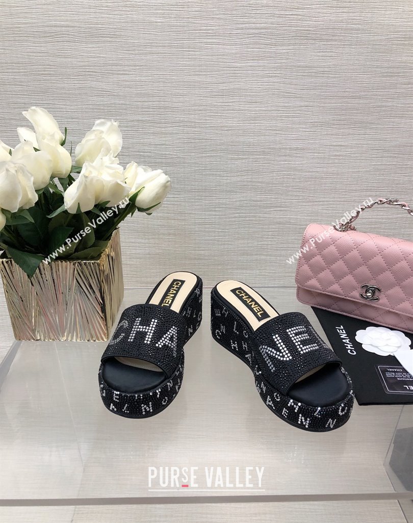 Chanel Crystals Allover Wedge Slide Sandals with Letters Black 2024 042302 (MD-240423017)