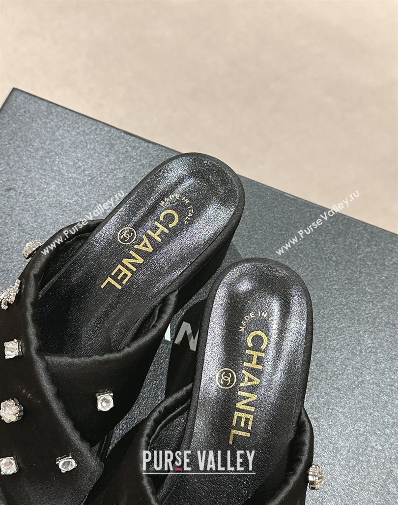 Chanel Fabric Wedge Slide Sandals 5cm with Crystals Charm Black 2024 0424 (MD-240424090)