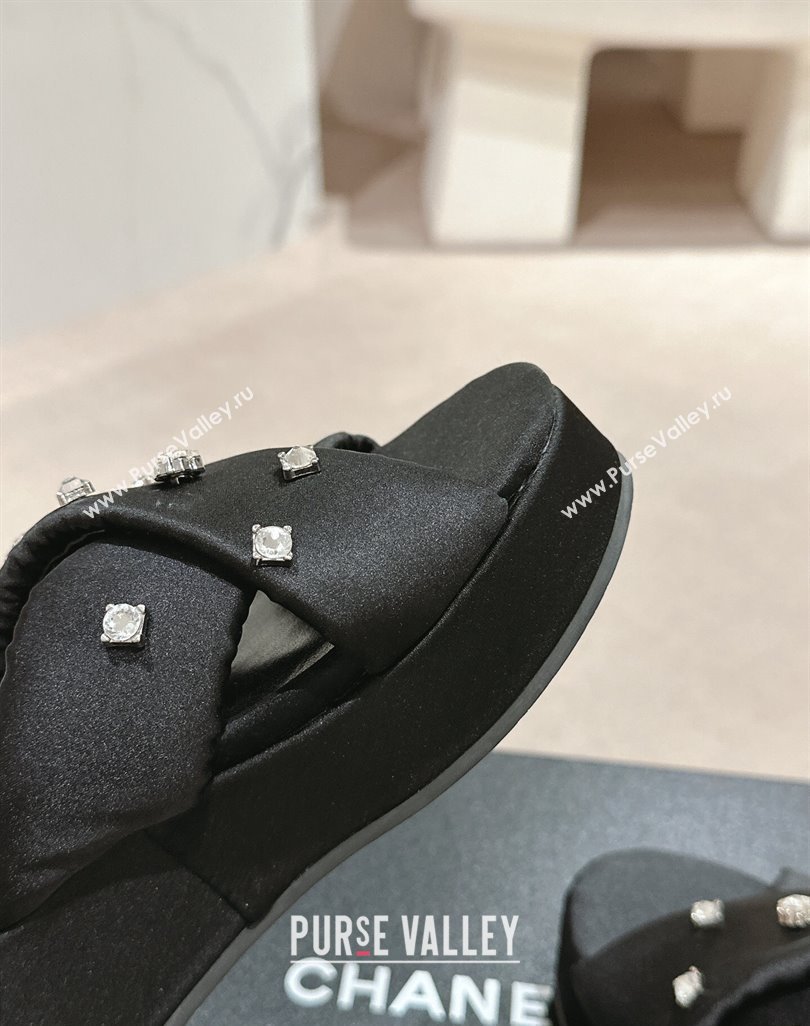 Chanel Fabric Wedge Slide Sandals 5cm with Crystals Charm Black 2024 0424 (MD-240424090)