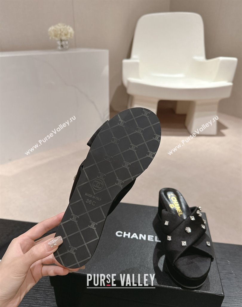 Chanel Fabric Wedge Slide Sandals 5cm with Crystals Charm Black 2024 0424 (MD-240424090)