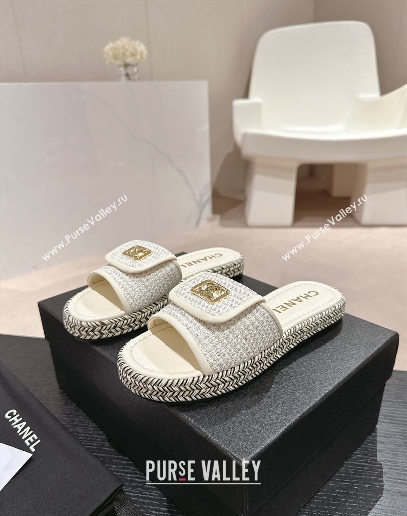 Chanel Tweed Flat Slide Sandals with Foldover White 2024 0424 (MD-240424091)