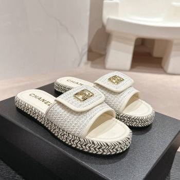 Chanel Tweed Flat Slide Sandals with Foldover White 2024 0424 (MD-240424091)