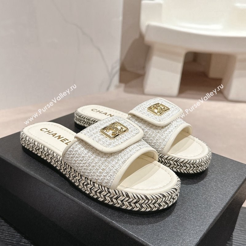 Chanel Tweed Flat Slide Sandals with Foldover White 2024 0424 (MD-240424091)