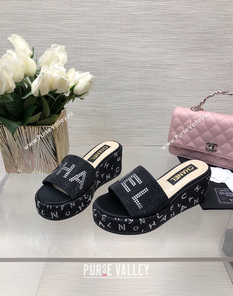 Chanel Crystals Allover Wedge Slide Sandals with Letters Black 2024 042302 (MD-240423017)