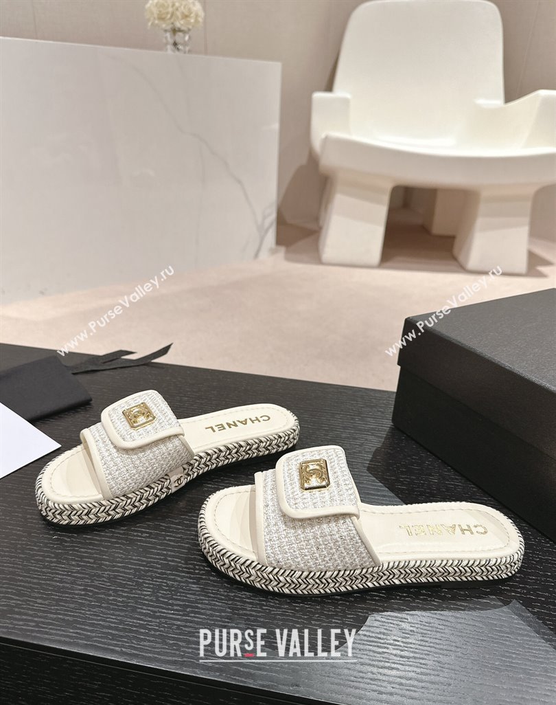 Chanel Tweed Flat Slide Sandals with Foldover White 2024 0424 (MD-240424091)