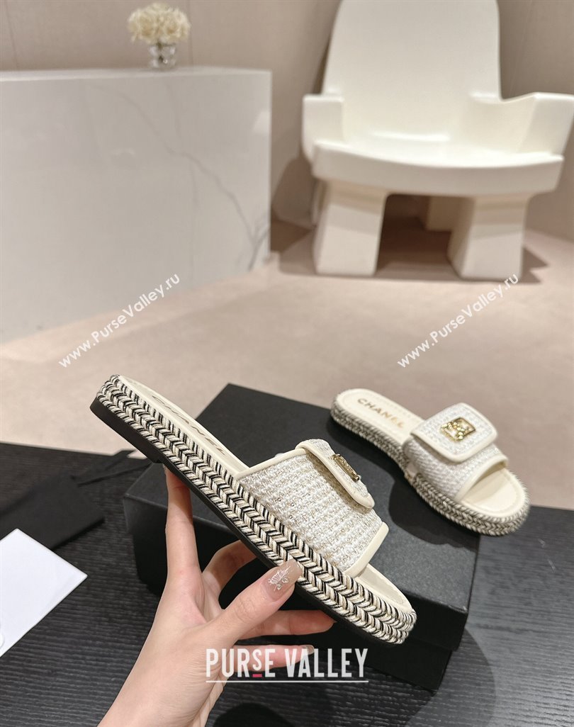 Chanel Tweed Flat Slide Sandals with Foldover White 2024 0424 (MD-240424091)