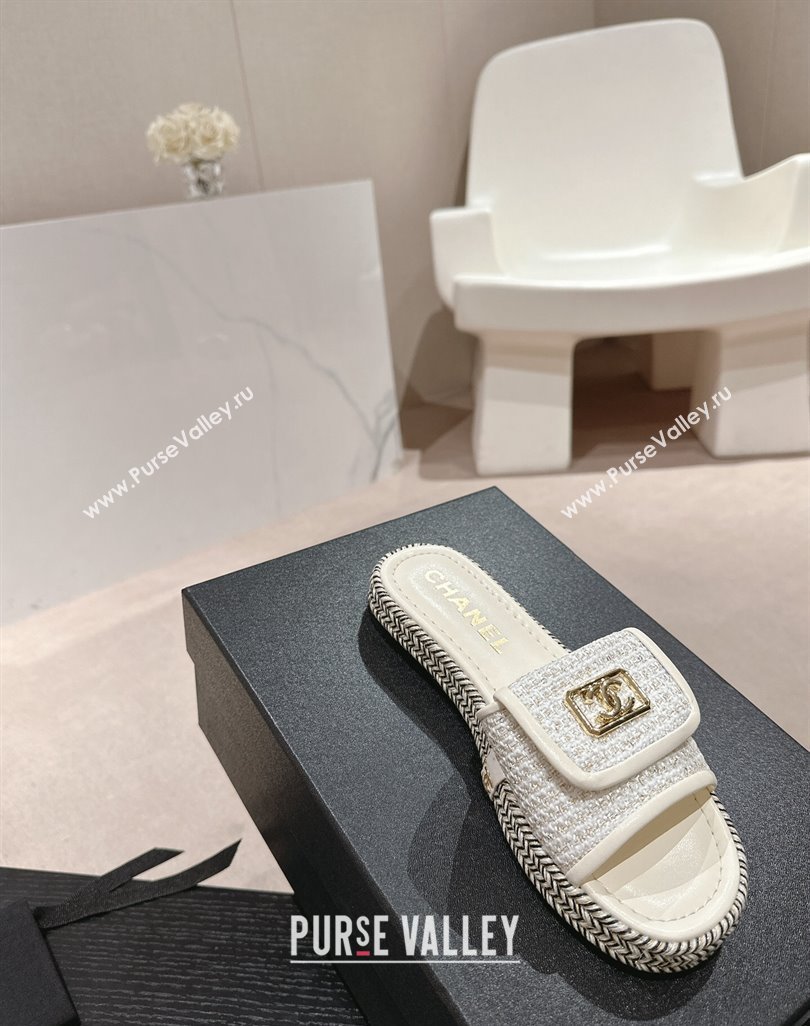 Chanel Tweed Flat Slide Sandals with Foldover White 2024 0424 (MD-240424091)