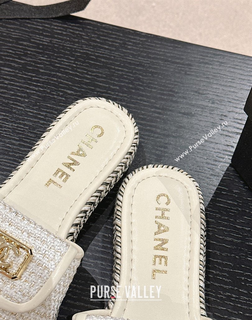 Chanel Tweed Flat Slide Sandals with Foldover White 2024 0424 (MD-240424091)