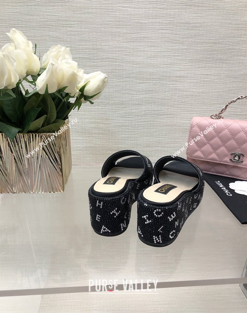 Chanel Crystals Allover Wedge Slide Sandals with Letters Black 2024 042302 (MD-240423017)