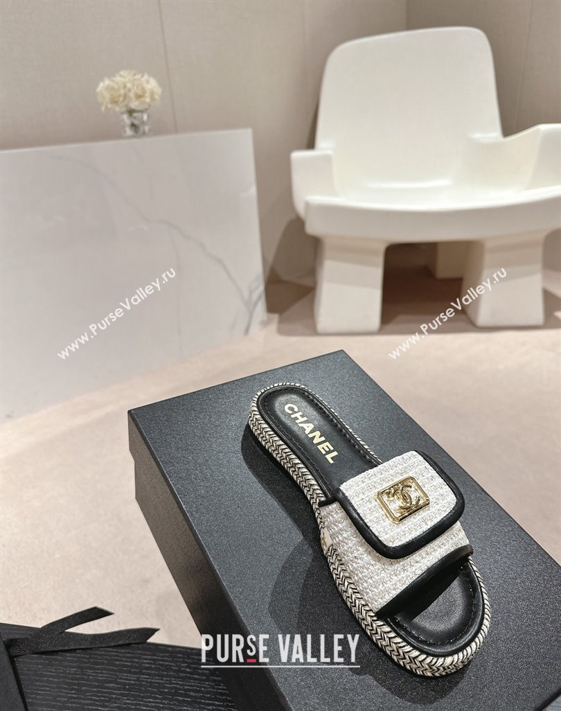 Chanel Tweed Flat Slide Sandals with Foldover Black 2024 0424 (MD-240424092)