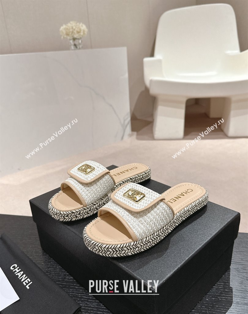 Chanel Tweed Flat Slide Sandals with Foldover Beige 2024 0424 (MD-240424093)