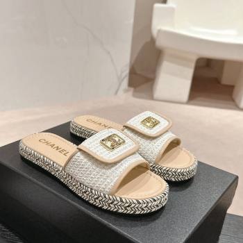 Chanel Tweed Flat Slide Sandals with Foldover Beige 2024 0424 (MD-240424093)