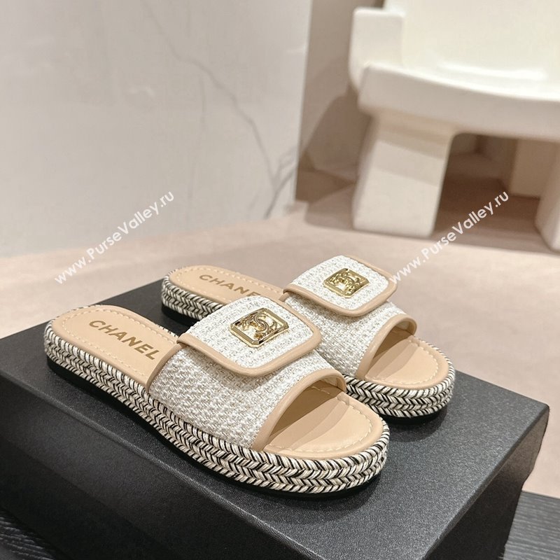 Chanel Tweed Flat Slide Sandals with Foldover Beige 2024 0424 (MD-240424093)