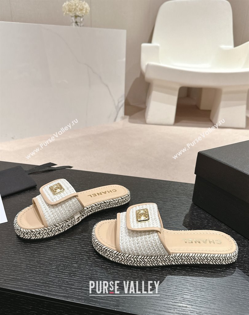 Chanel Tweed Flat Slide Sandals with Foldover Beige 2024 0424 (MD-240424093)